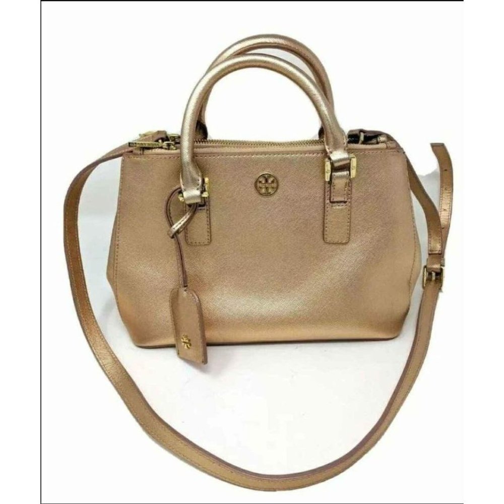 Tory Burch Bag Robinson Gold Metallic Satchel Crossbody Handbag Purse